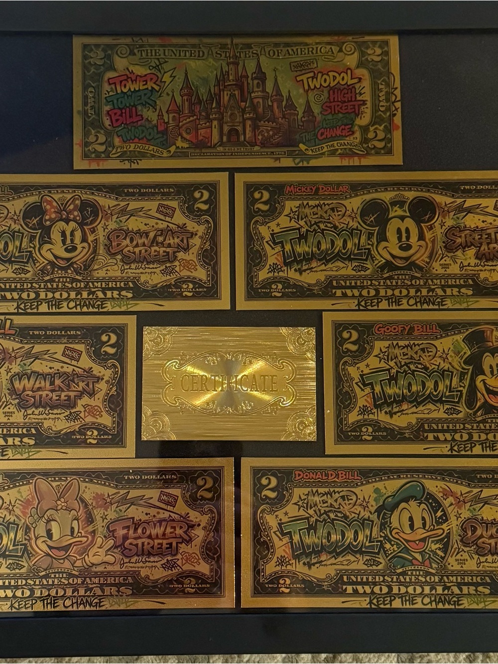 Disney Characters Gold Cartoon Currency Wall Art Print - Black & Gold
